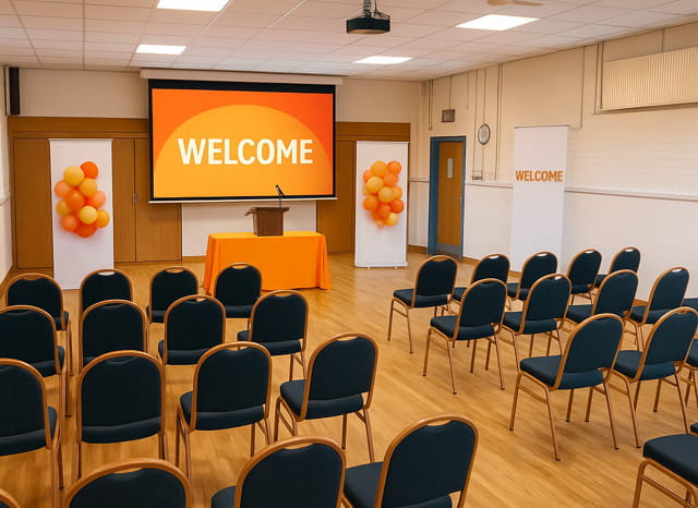 room set up for a conference with a welcome board