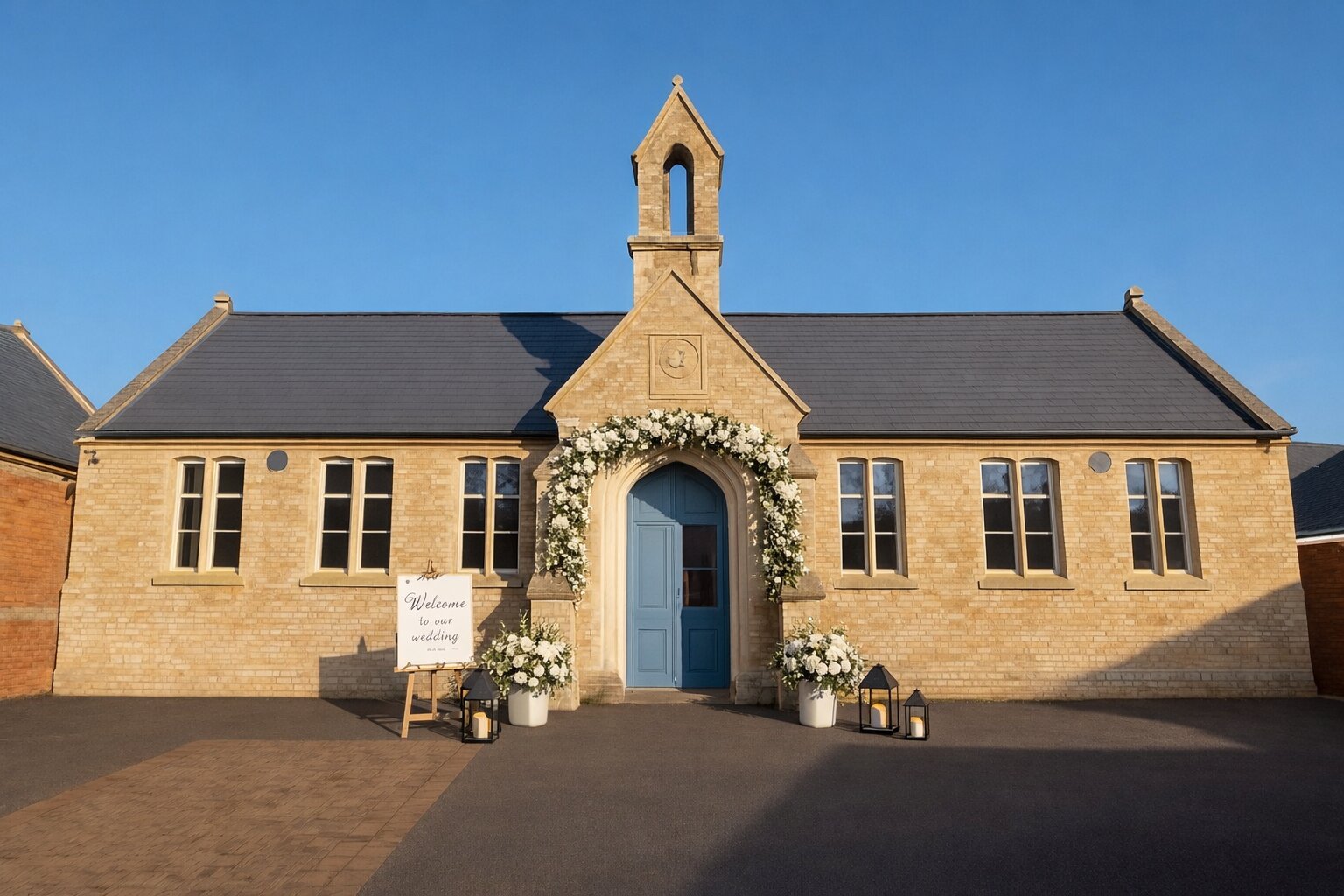 front of building with flowers for a wedding