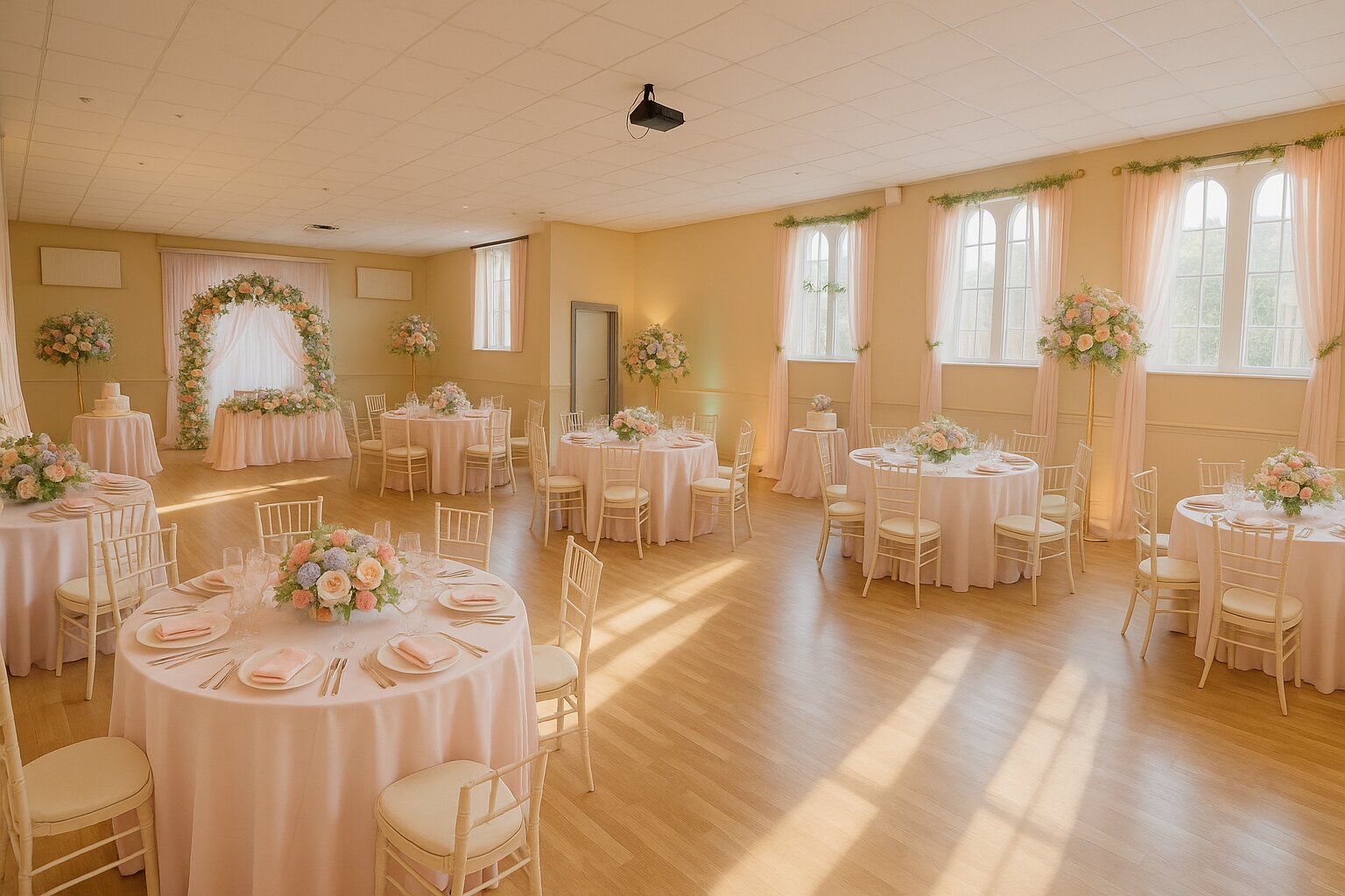 west room with tables prepared for a wedding